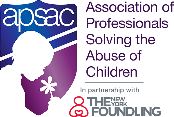 American Professional Society on the Abuse of Children Logo - Purple and gray sans-serif type with purple and blue shield icon to left