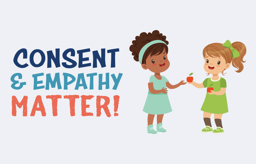 Illustration of two children sharing apples and blue and orange type to left over light blue background