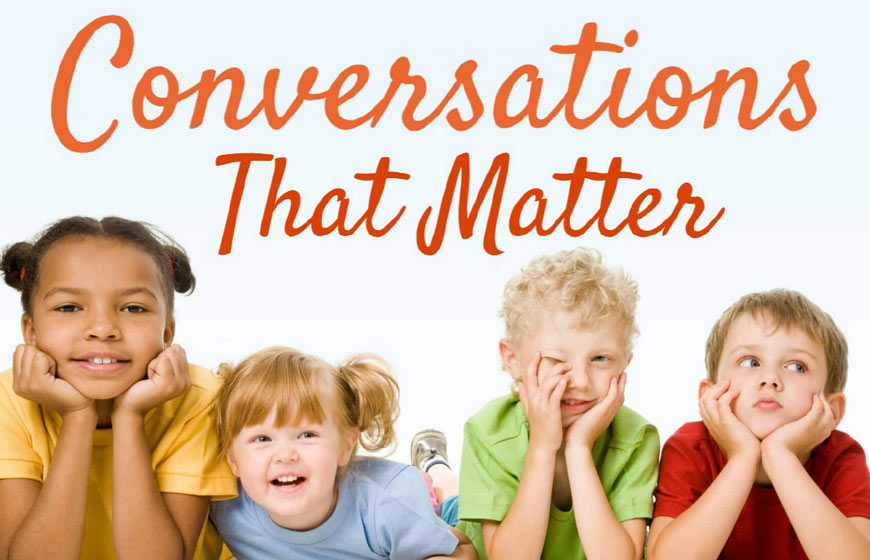 Photo of children with orange and red script type above on light blue background
