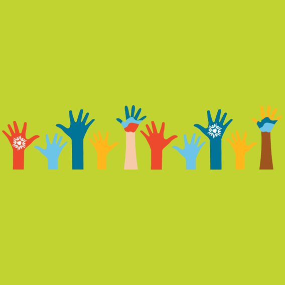 Illustration of upraised hands over lime green background