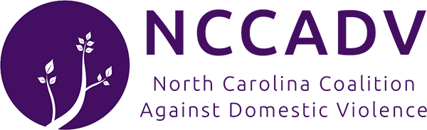 NC Coalition Against Domestic Violence Logo - Purple sans-serif type with white plant icon inside purple circle to left