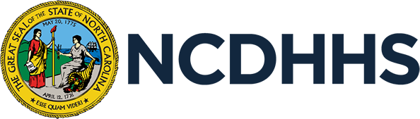 NC Department of Health and Human Services Logo - Dark blue sans-serif type with illustration of two women inside yellow circle to left