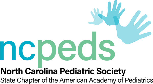 NC Pediatric Society Logo - Cyan, black, and mint sans-serif type with cyan hand icons in upper right