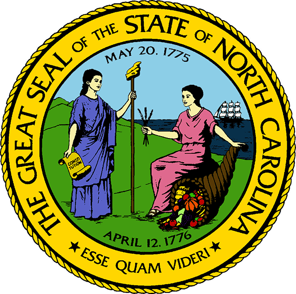 North Carolina General Assembly Logo - Black serif type with illustration of two women inside yellow circle
