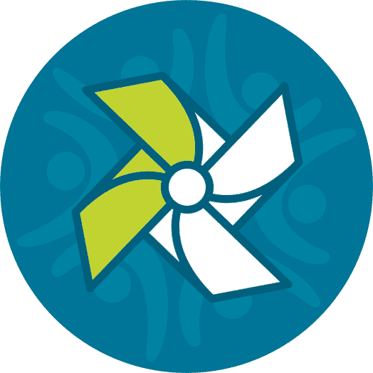 Light blue people icons around a heart on dark blue circle with overlaying green and white pinwheel icon