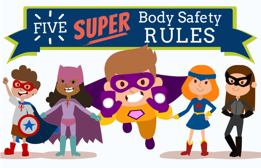 Graphic showing illustrations of child super heroes with dark blue banner above with white and orange type
