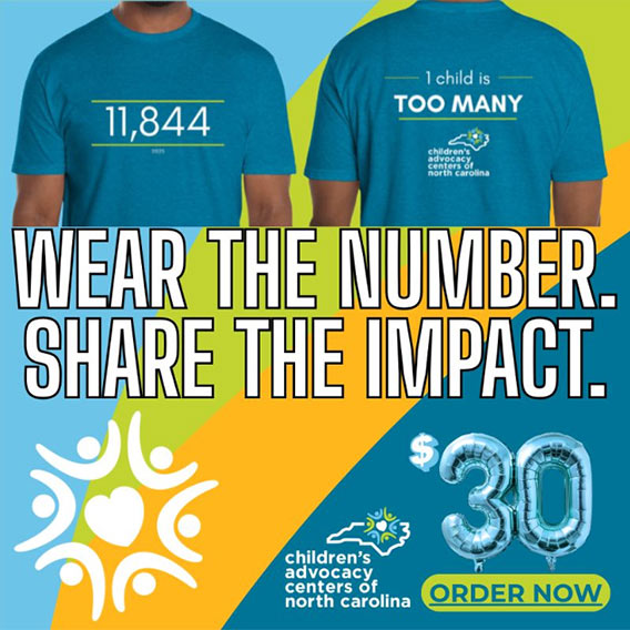 Graphic showing white sans-serif type over blue, orange, and green swoosh background with photos of CACNC t-shirts and logo