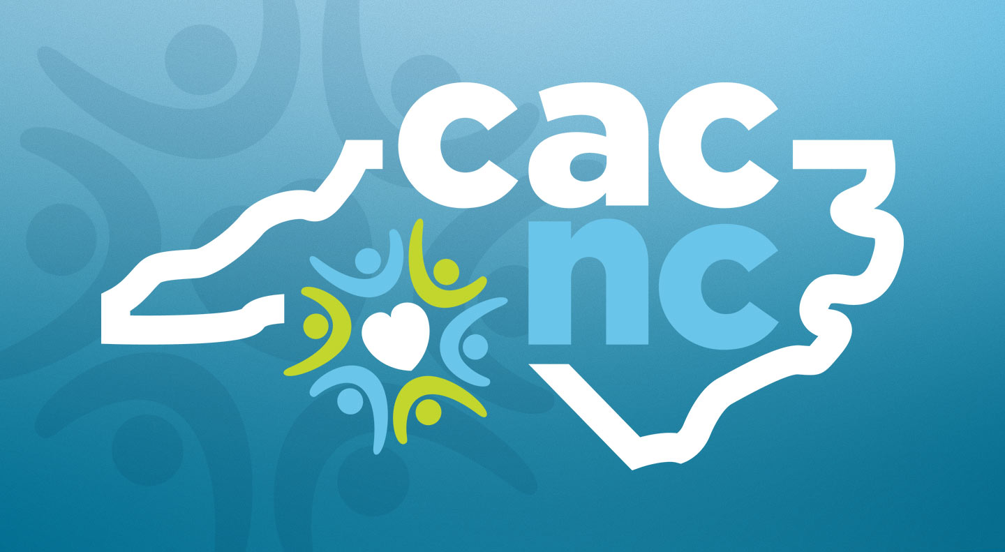CACNC Logo - White and light blue sans-serif type inside map of NC with icon of people around a heart over blue gradient with textured overlay with repeated icon of people around a heart
