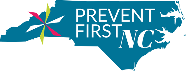 Prevent First Logo - Blue NC map with pinwheel icon and white text inside