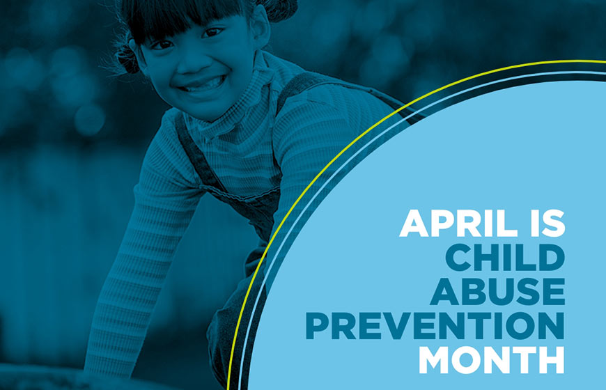 Graphic showing blue circle with white and dark blue sans-serif type over blue tone photo of a happy little girl