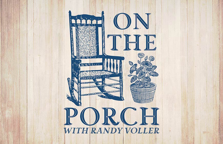 Graphic showing dark blue On the Porch logo over wood background